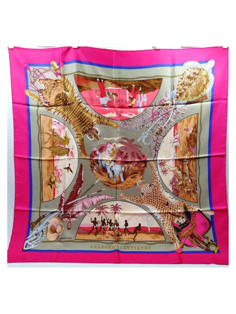 Authentic Hermès Chasses Exotiques Carré 90 Silk Scarf Pink Multicolor - Picture 2 of 10